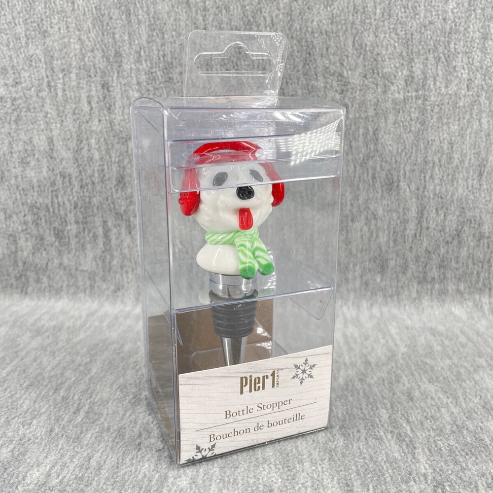 Pier 1 one dog with earmuffs wine bottle stopper new christmas holiday gift